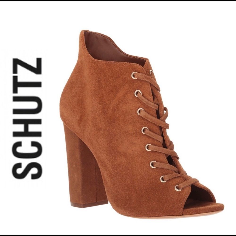 Schutz Suede Brown Open Toe Lace Up Chunky Heel Size 10